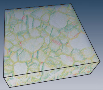 3D visualization of the grain boundary network in a nickel alloy measured by EBSD on a series of 2D sections. Grain boundaries are colored according to misorientation: from blue (low angle) to red (high angle).