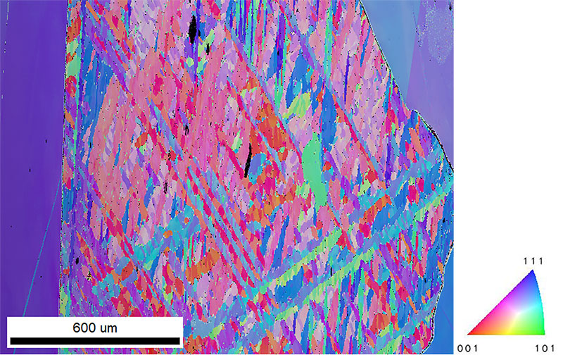 灰度 PRIAS 图像与彩色 IPF 图相结合，显示了 Gibeon 陨石样本的微观结构。